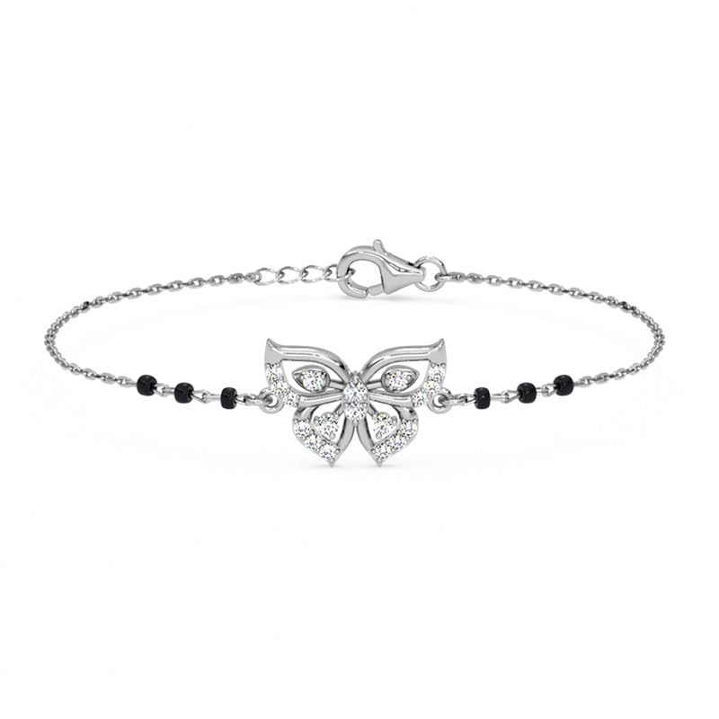 Clara 925 Sterling Silver Zoha Butterfly Hand Mangalsutra Adjustable Bracelet With Black Beads Chain | Platinum Plated, Swiss Zirconia | Gift For Wife - Image 1