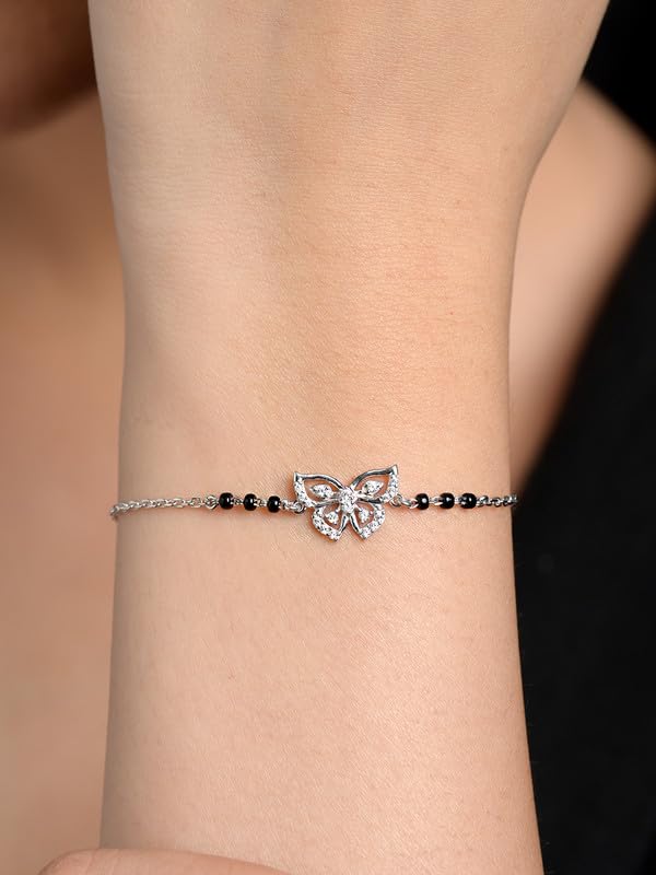 Clara 925 Sterling Silver Zoha Butterfly Hand Mangalsutra Adjustable Bracelet With Black Beads Chain | Platinum Plated, Swiss Zirconia | Gift For Wife - Image 4