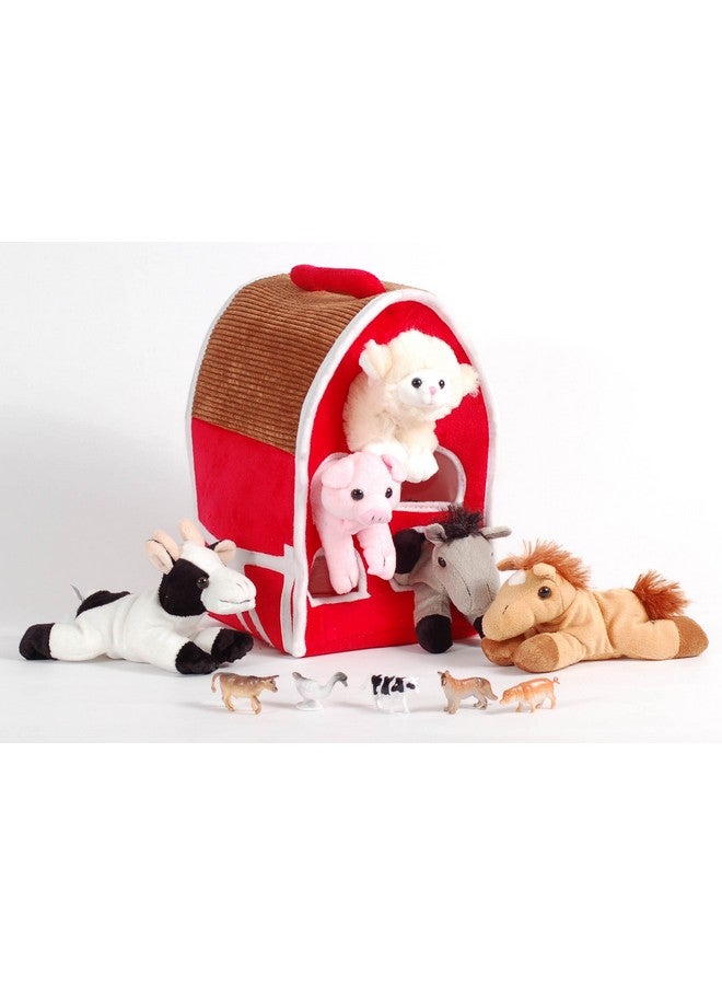 Unipak 12" Plush Red Barn Playset With 5 Beanie Animals -Lamb, Pig, Cow, Gray Horse And Brown Horse + 5 Bonus Farm Animal Figures - Image 1