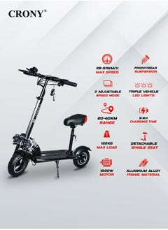 Crony V10 Pro High-Speed Electric Scooter – 1200W Motor, 36V/12AH Battery, Triple LED Headlamps, Front & Rear Suspension, Deep Tread Anti-Slip Off-Road Tires, 120KG Load Capacity, Fast Disc Brakes, Aluminum Alloy Frame, High configuration E-Bike, Foldable skateboard, Powerful E-Scooter，Black  - Image 3