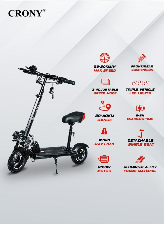 Crony - V10 Pro High-Speed Electric Scooter – 1200W Motor, 36V/12AH Battery, Triple LED Headlamps, Front & Rear Suspension, Deep Tread Anti-Slip Off-Road Tires, 120KG Load Capacity, Fast Disc Brakes, Aluminum Alloy Frame, High configuration E-Bike, Foldable skateboard, Powerful E-Scooter，Black - Image 1