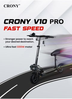 Crony V10 Pro High-Speed Electric Scooter – 1200W Motor, 36V/12AH Battery, Triple LED Headlamps, Front & Rear Suspension, Deep Tread Anti-Slip Off-Road Tires, 120KG Load Capacity, Fast Disc Brakes, Aluminum Alloy Frame, High configuration E-Bike, Foldable skateboard, Powerful E-Scooter，Black  - Image 2