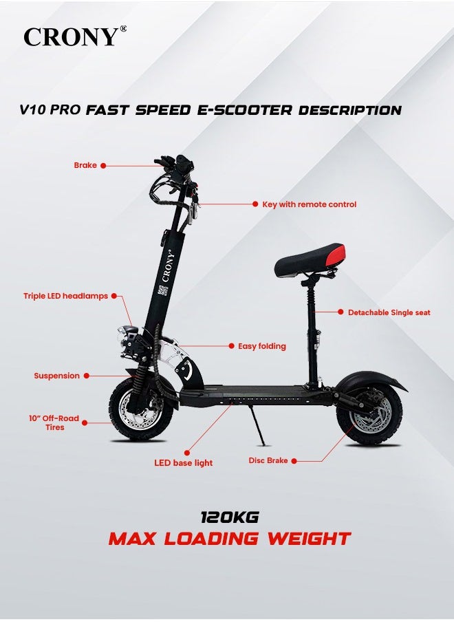 Crony - V10 Pro High-Speed Electric Scooter – 1200W Motor, 36V/12AH Battery, Triple LED Headlamps, Front & Rear Suspension, Deep Tread Anti-Slip Off-Road Tires, 120KG Load Capacity, Fast Disc Brakes, Aluminum Alloy Frame, High configuration E-Bike, Foldable skateboard, Powerful E-Scooter，Black - Image 1