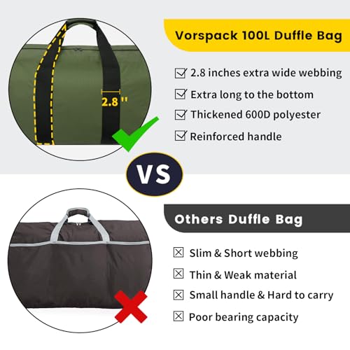 Vorspack Extra Large Duffle Bag for Travel - 100L Duffel Bag for Men Gear Bag for Storage Foldable Weekender Bag for Overnight Camping - Green - Image 3