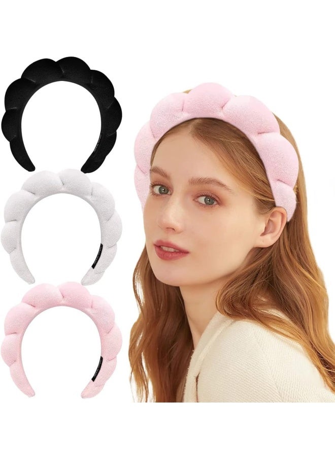 Premify 3  Pieces Spa Sponge Headbands Set For Women & Girls, Facial/Makeup Removal Headband & Terry Towel Cloth Fabric Hair Band For Washing Face, Skincare (Black, Pink, And White)  - Image 1