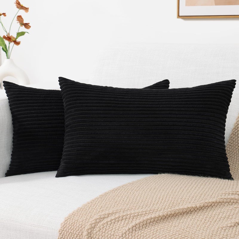 Mecatny Corduroy Decorative Throw Pillow Covers 12x20 Set of 2 for Sofa Bedroom Living Room  Stylish Soft Striped Couch Pillow Covers for Home Decor  Black - Image 1