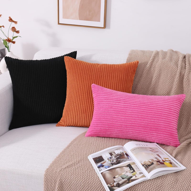 Mecatny Corduroy Decorative Throw Pillow Covers 12x20 Set of 2 for Sofa Bedroom Living Room  Stylish Soft Striped Couch Pillow Covers for Home Decor  Black - Image 5