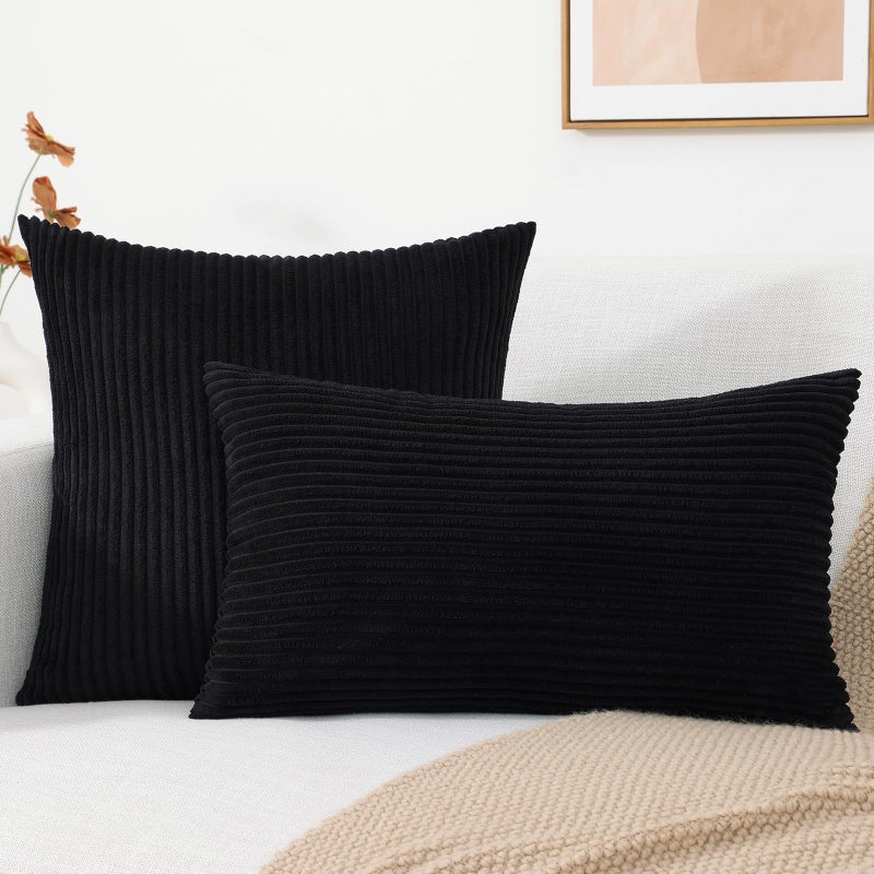 Mecatny Corduroy Decorative Throw Pillow Covers 12x20 Set of 2 for Sofa Bedroom Living Room  Stylish Soft Striped Couch Pillow Covers for Home Decor  Black - Image 2