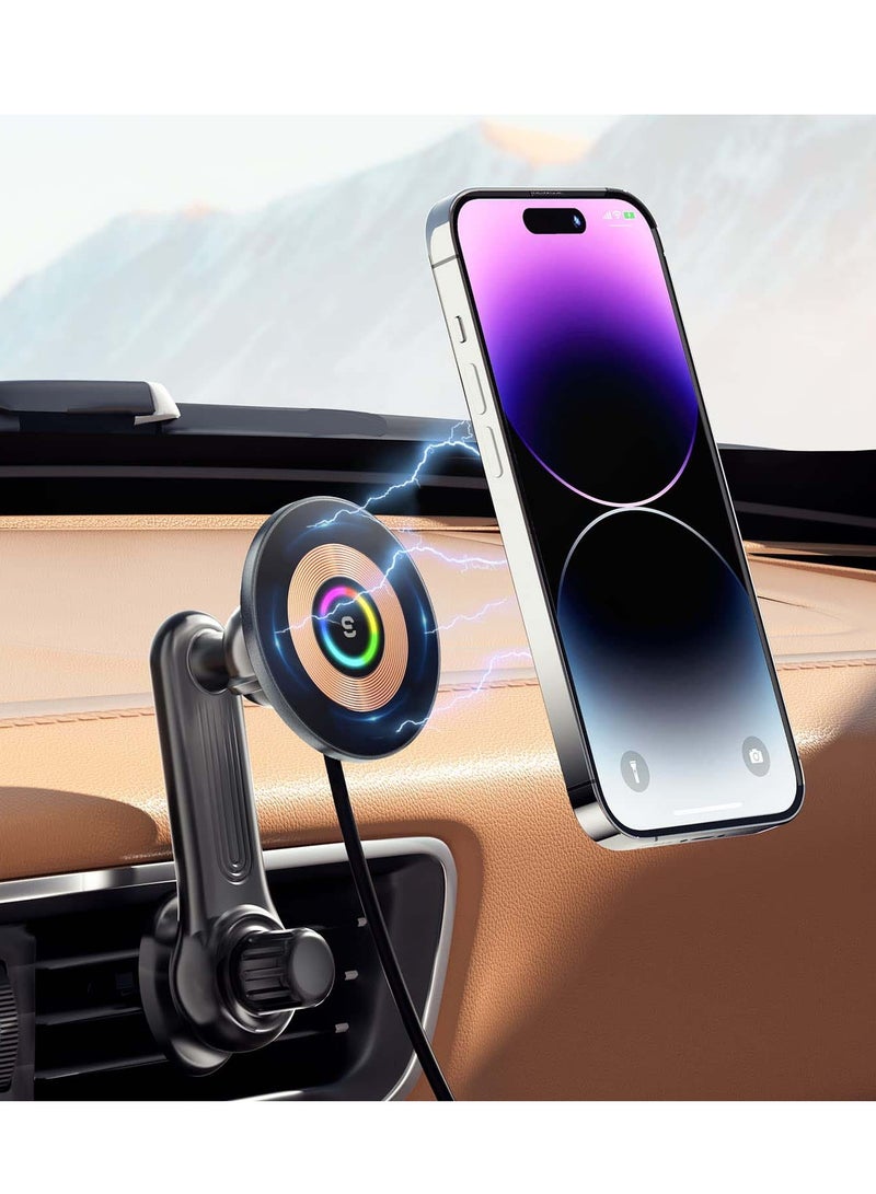 MagSafe Car Mount Charger, 360° Adjustable Magnetic Wireless Charger with RGB Light, Air Vent Phone Holder for iPhone 14 13 12 Series with Adapter - Image 1