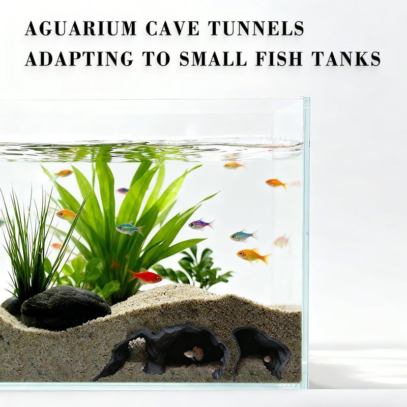 LIYAOLI Aquarium Ornaments Cave Tunnel with Viewing Ports | Fish Tank Decoration Hideout for Pleco, Shrimp & Corydoras | Substrate-Friendly Design & Sinking Base (S - Black) - Image 2