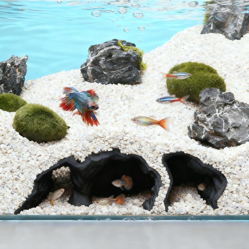 LIYAOLI Aquarium Ornaments Cave Tunnel with Viewing Ports | Fish Tank Decoration Hideout for Pleco, Shrimp & Corydoras | Substrate-Friendly Design & Sinking Base (S - Black) - Image 1