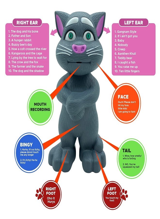 NHR Intelligent Talking Tom Cat, Speaking Robot Cat Repeats What You Say, Touch Recording Rhymes and Songs, Musical Cat Toy for Kids (3+ Years, Grey) - Image 2