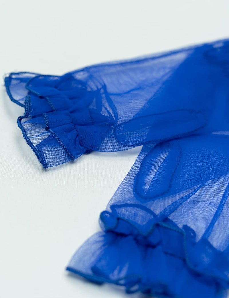 QRBTSCL Women's Short Mesh Gloves Ruffled Tulle Wedding Party Gloves Short Prom Evening Glove Royal Blue - Image 2