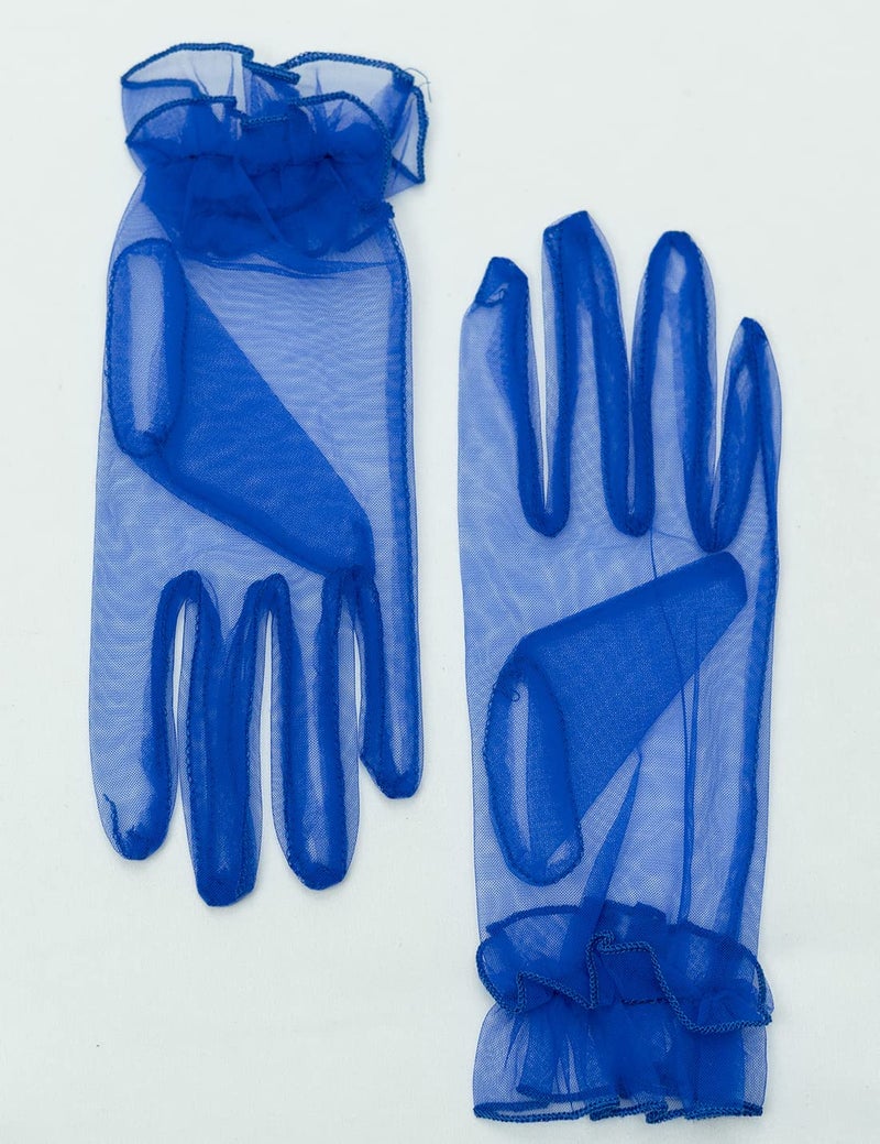 QRBTSCL Women's Short Mesh Gloves Ruffled Tulle Wedding Party Gloves Short Prom Evening Glove Royal Blue - Image 3