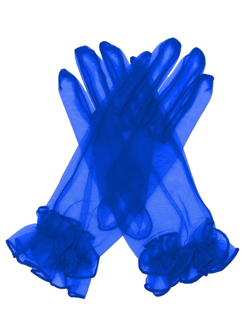 QRBTSCL Women's Short Mesh Gloves Ruffled Tulle Wedding Party Gloves Short Prom Evening Glove Royal Blue - Image 1