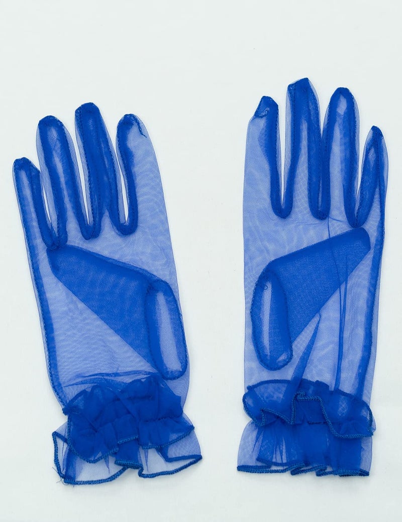 QRBTSCL Women's Short Mesh Gloves Ruffled Tulle Wedding Party Gloves Short Prom Evening Glove Royal Blue - Image 5