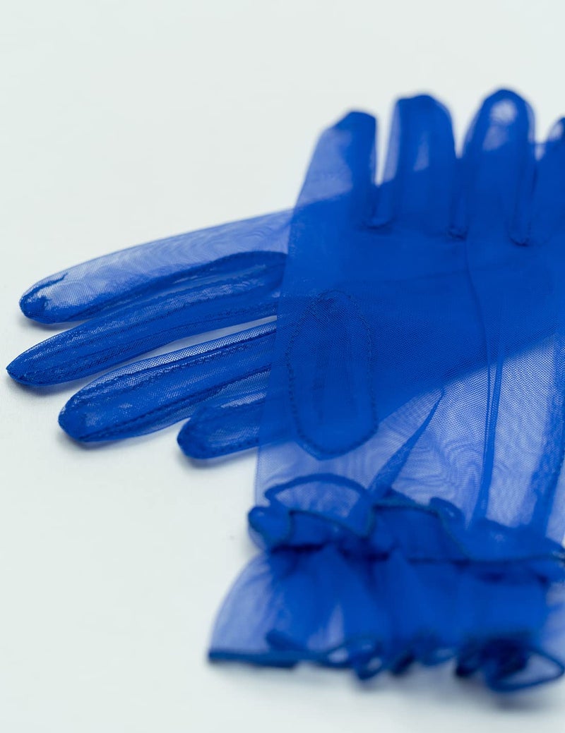 QRBTSCL Women's Short Mesh Gloves Ruffled Tulle Wedding Party Gloves Short Prom Evening Glove Royal Blue - Image 4