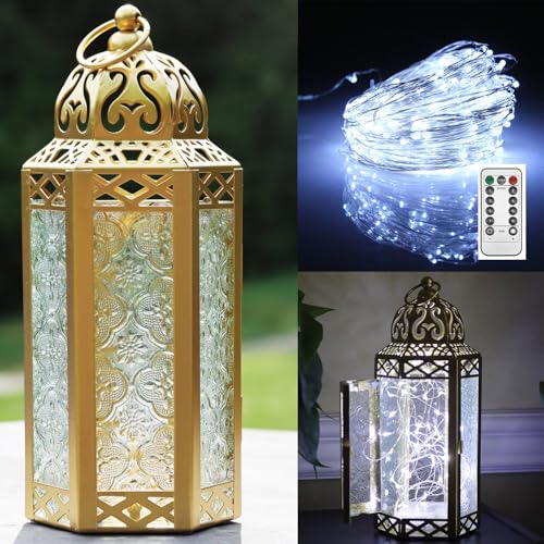 Vela Lanterns 105 Metal Moroccan Decorative LED Fairy Lights Candle Lantern Holders for Indoor Home Fantasy Decor Table Centerpieces Outdoor Patio or Porch Weddings Gold Medium