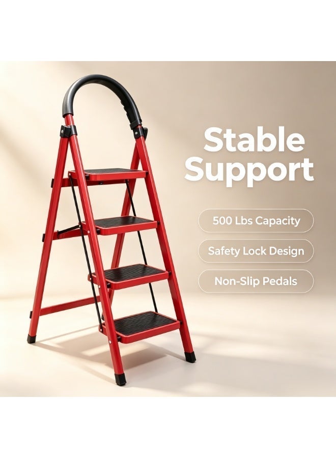 4-step red foldable ladder, household steel ladder, safety handrails, safety locks and wide non-slip pedals, space-saving portable ladder for indoor home use - Image 1