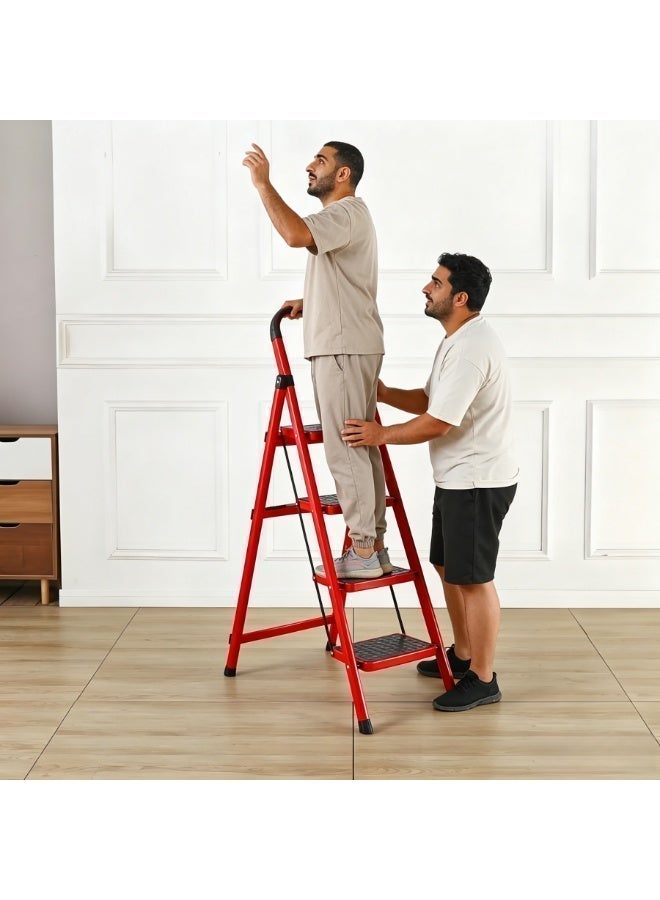 4-step red foldable ladder, household steel ladder, safety handrails, safety locks and wide non-slip pedals, space-saving portable ladder for indoor home use - Image 3