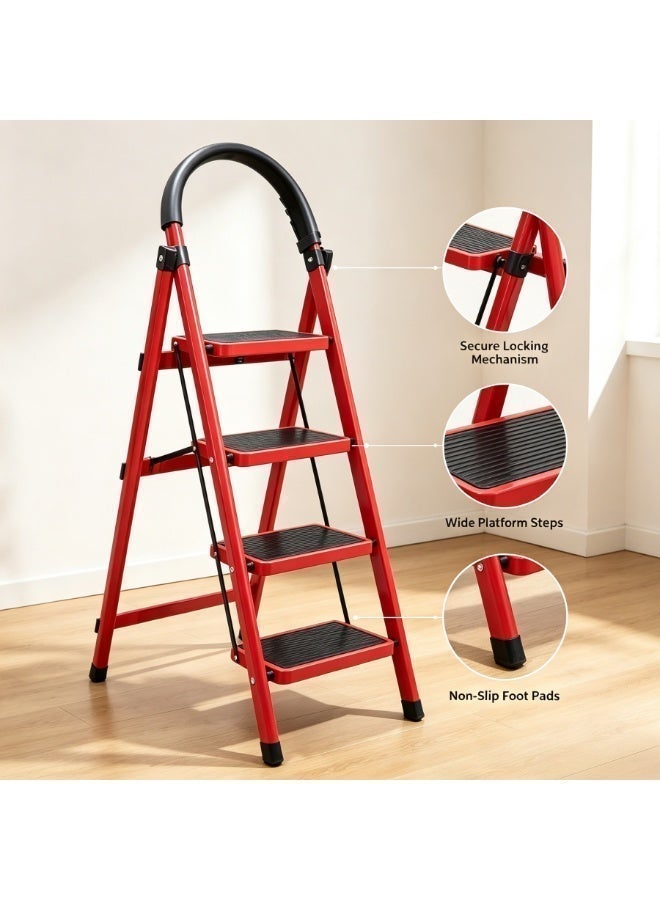 4-step red foldable ladder, household steel ladder, safety handrails, safety locks and wide non-slip pedals, space-saving portable ladder for indoor home use - Image 2