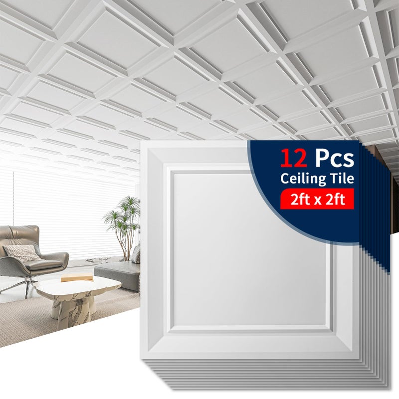 Art3dwallpanels Ceiling Tiles 24 x 24 Drop Ceiling Tiles, 12 Pack Drop in High Grade PVC Wall Panels, Fire Rated, Waterproof, Light Weight, Cover 48 Sq.Ft, White - Image 1
