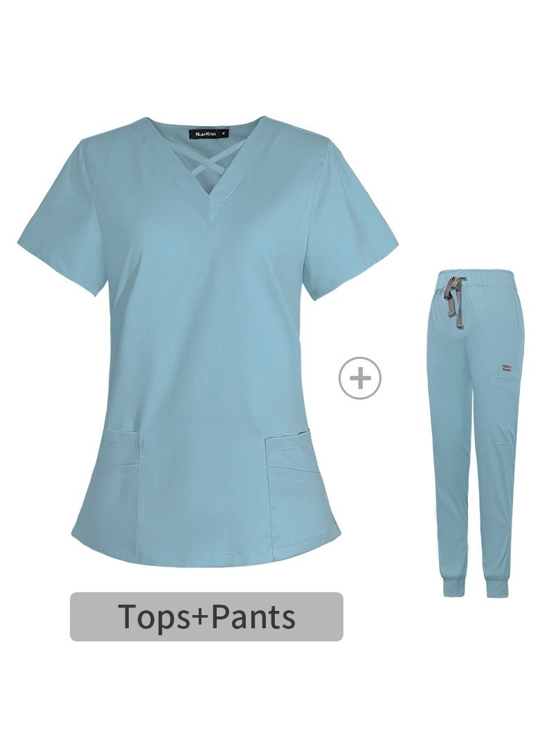 Loquat Fashion Medical Uniform Scrubs 2 Piece Set Stand Collar Top and Jogger Pants Suit Light Blue 