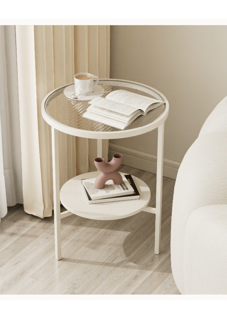 شو وو طاولة جانبية زجاجية بطابقين، طاولة جانبية صغيرة مستديرة، طاولات جانبية مع مساحة تخزين، طاولات جانبية دائرية لغرفة المعيشة، غرفة النوم، أريكة، مساحة صغيرة، لون أبيض. - Image 2
