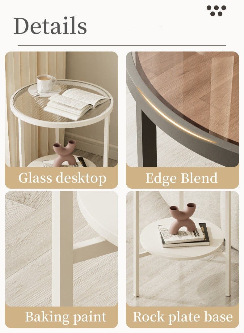شو وو طاولة جانبية زجاجية بطابقين، طاولة جانبية صغيرة مستديرة، طاولات جانبية مع مساحة تخزين، طاولات جانبية دائرية لغرفة المعيشة، غرفة النوم، أريكة، مساحة صغيرة، لون أبيض. - Image 3