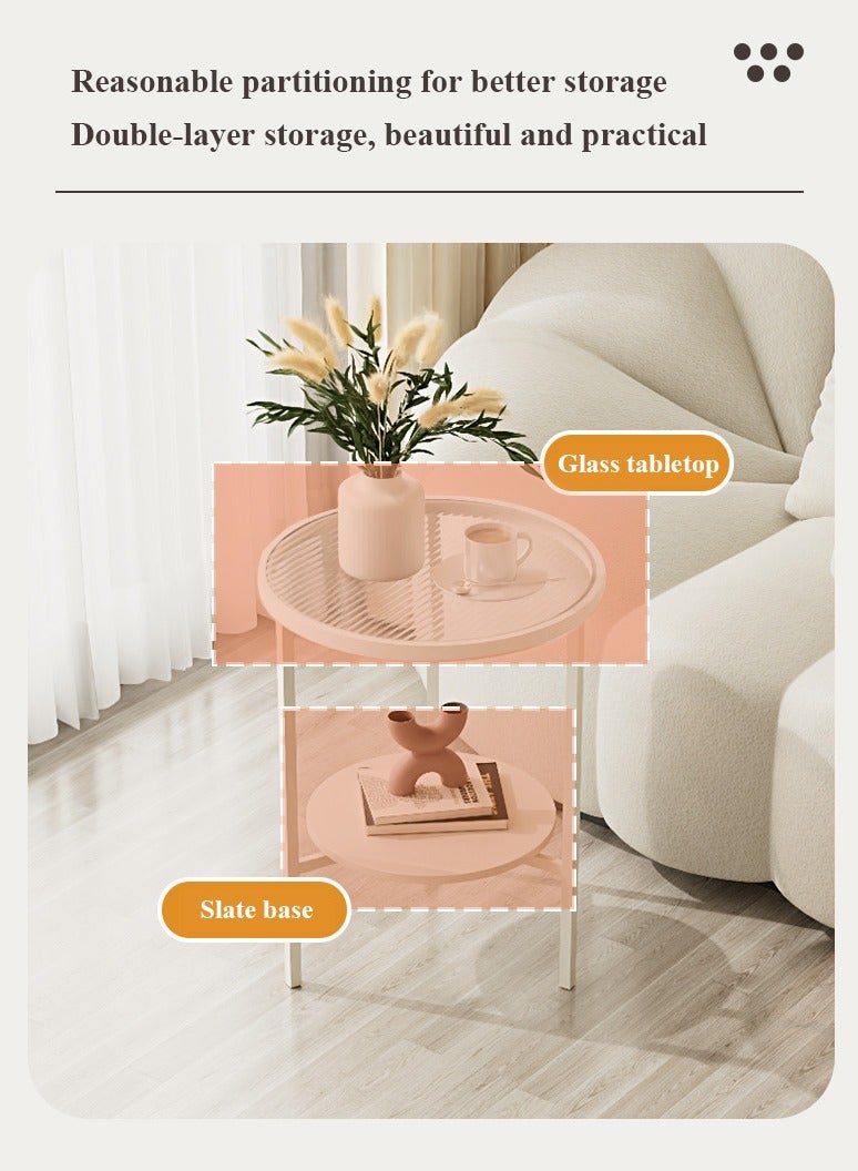 شو وو طاولة جانبية زجاجية بطابقين، طاولة جانبية صغيرة مستديرة، طاولات جانبية مع مساحة تخزين، طاولات جانبية دائرية لغرفة المعيشة، غرفة النوم، أريكة، مساحة صغيرة، لون أبيض. - Image 5