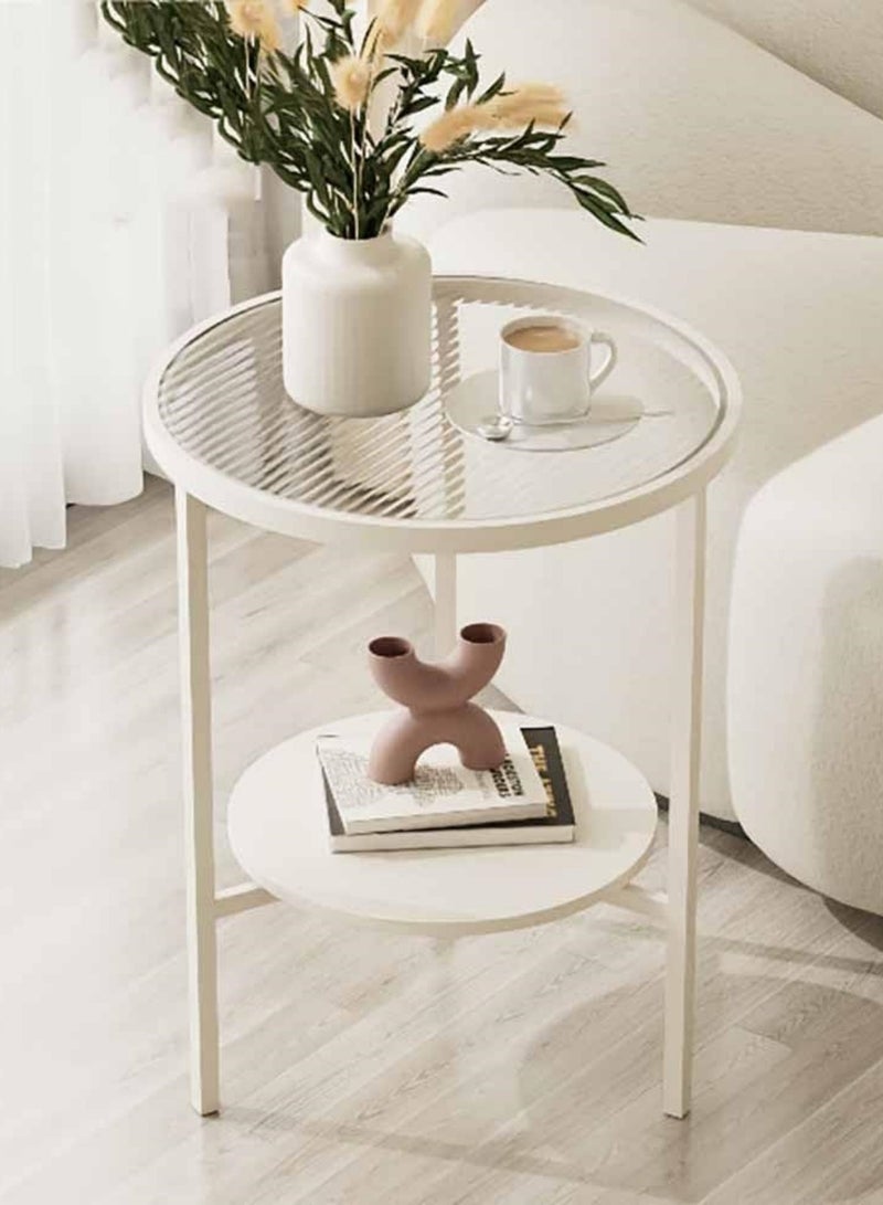 شو وو طاولة جانبية زجاجية بطابقين، طاولة جانبية صغيرة مستديرة، طاولات جانبية مع مساحة تخزين، طاولات جانبية دائرية لغرفة المعيشة، غرفة النوم، أريكة، مساحة صغيرة، لون أبيض. - Image 1