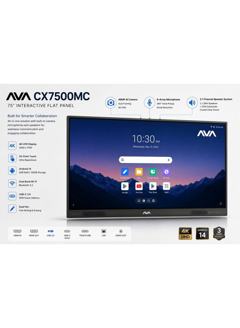 AVA 75 Inch Interactive Flat Panel Smart Board 4K UHD 3840x2160, Android 14, 48MP Camera, 8-Mic Array, 20-Point Touch, WiFi 6, Bluetooth 5.4, Anti-Glare Whiteboard Display - Image 1