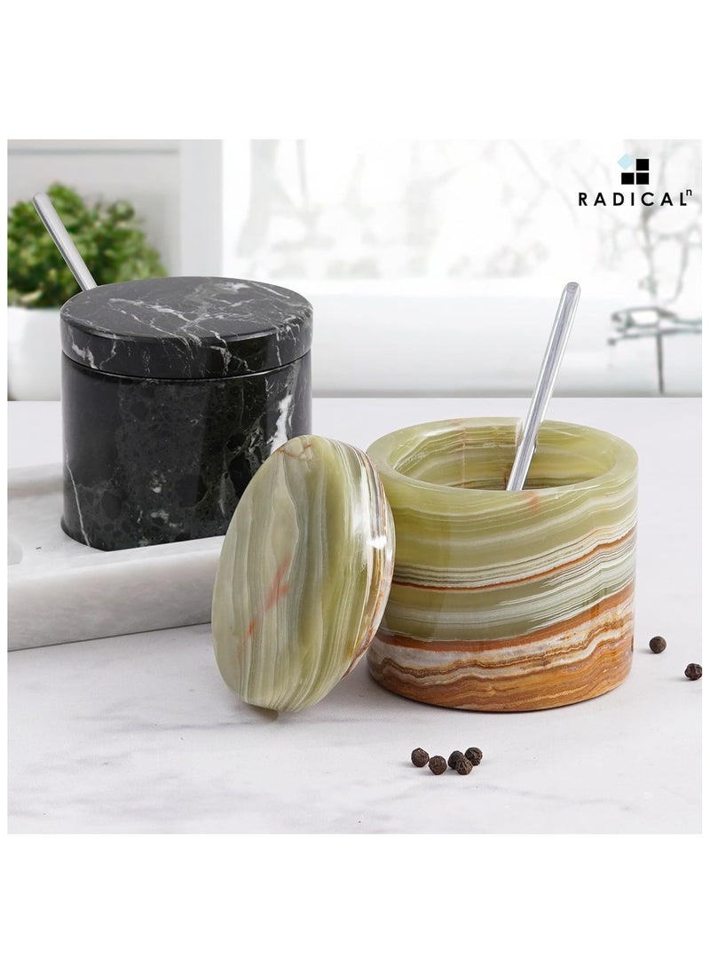 RADICALn Radicaln Marble Salt Cellar and Tray Black and Green Handmade Salt Box For Set Of 2 Serving Bowls With Lids - Ideal Sugar Dispenser, Salt And Pepper Bowls Kitchen Storage  - Image 2