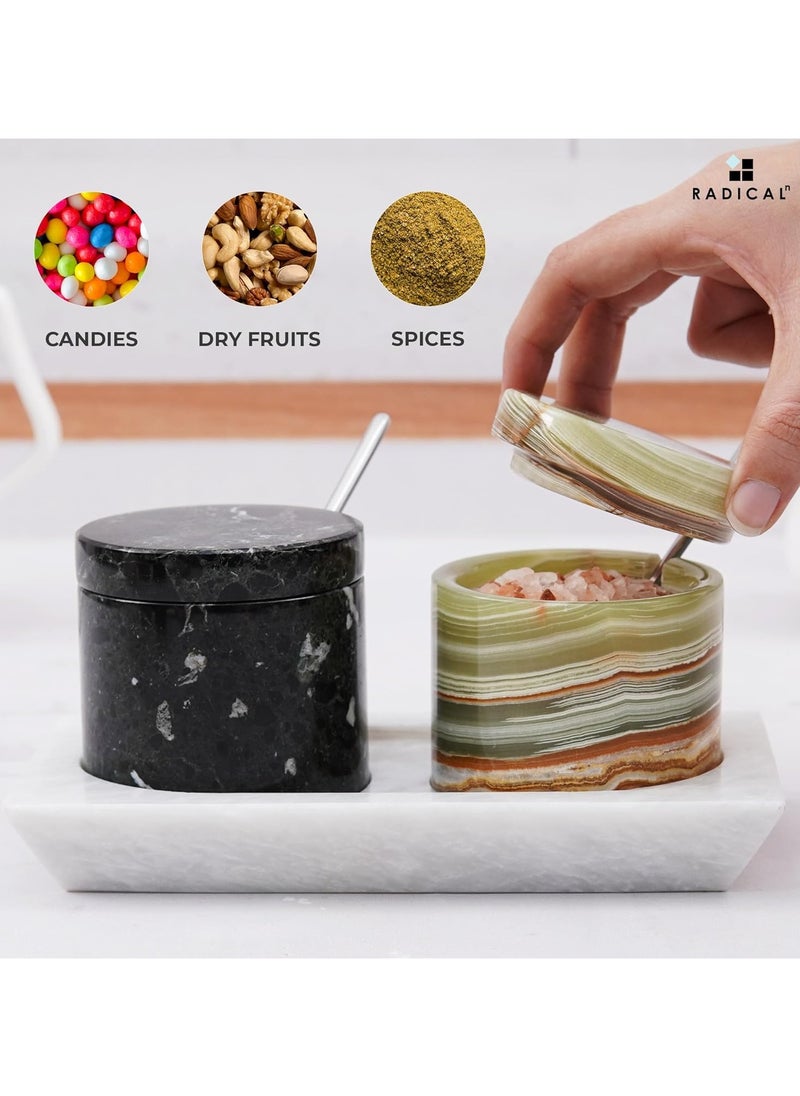RADICALn Radicaln Marble Salt Cellar and Tray Black and Green Handmade Salt Box For Set Of 2 Serving Bowls With Lids - Ideal Sugar Dispenser, Salt And Pepper Bowls Kitchen Storage  - Image 4