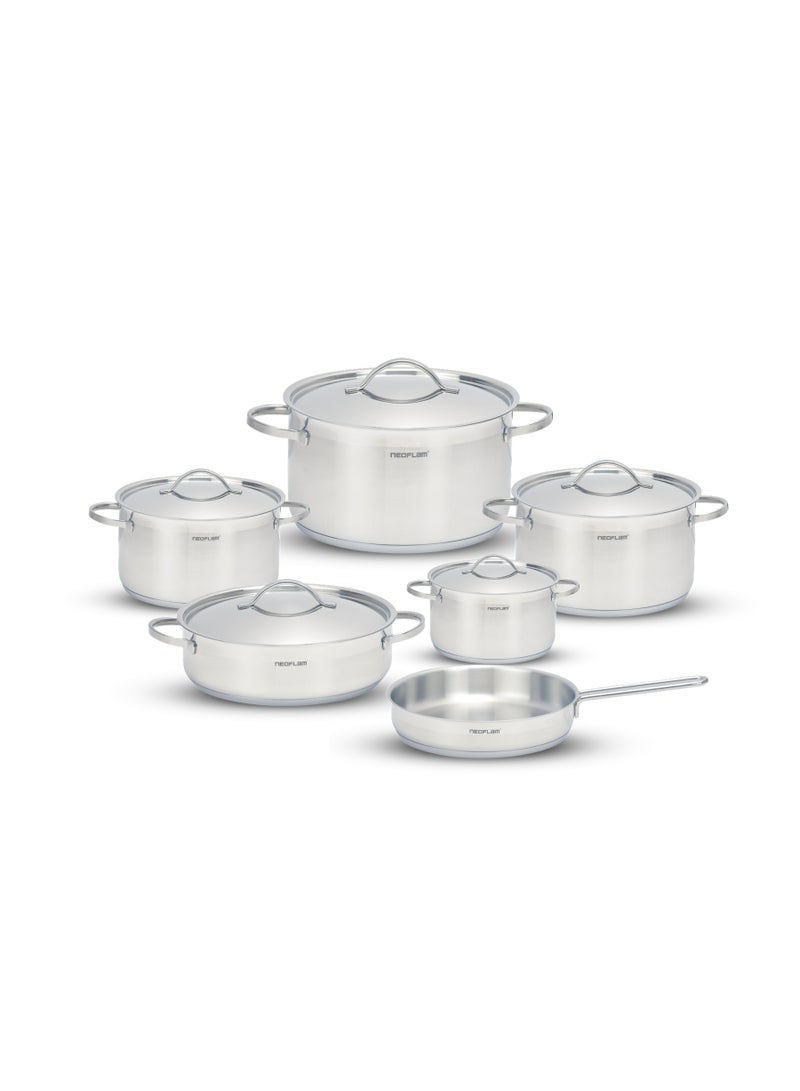 Neoflam 11-Piece Round Stainless Steel Cookware Set with Stainless Steel Lid (4 Pots + Frying Pan + Saucepan) NEOflam Silver