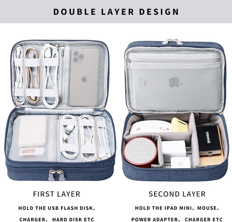 Lanola Travel Cable Organizer Bag, Electronic Accessories Case Portable Double Layer Cable Storage Bag for Cord,phone,Charger, Flash Drive, Phone, SD Card,Personal Items - (Dark Blue) - Image 3