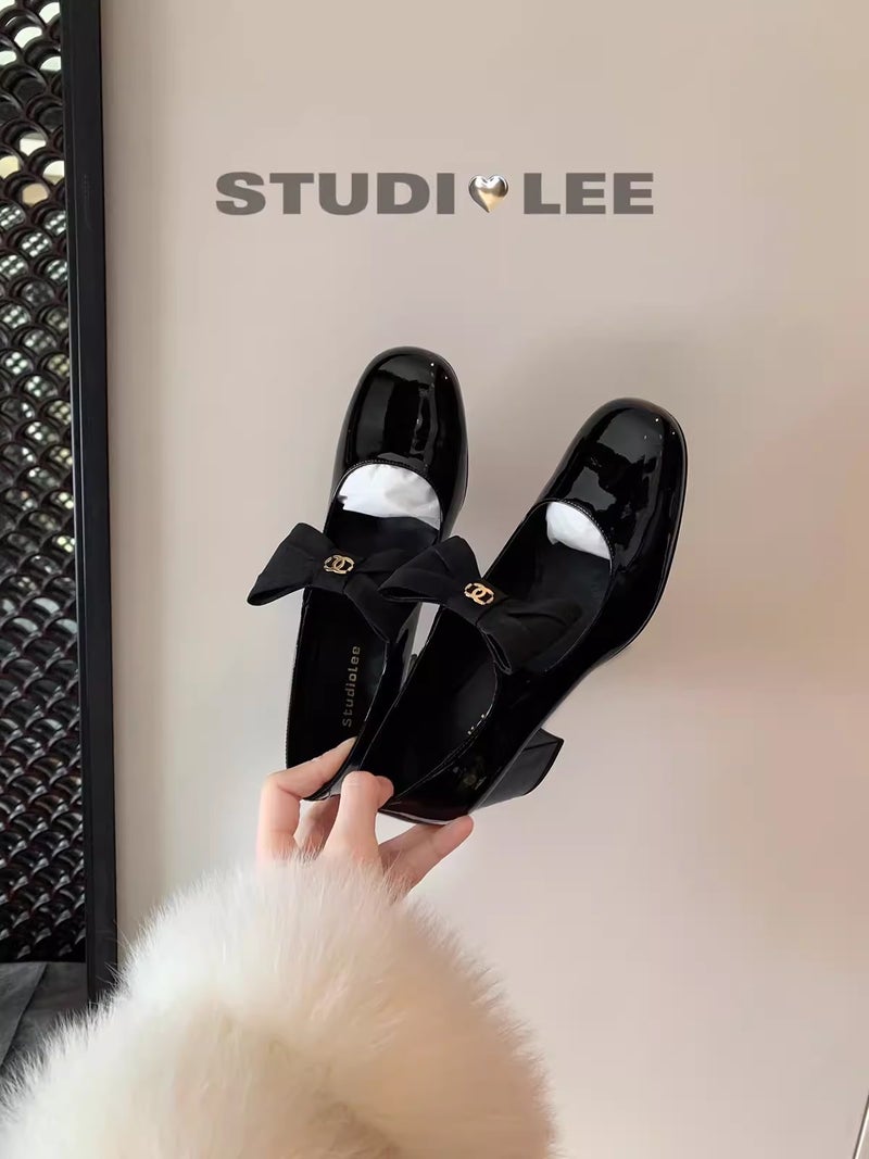 Grape Mom Studiolee ~ French Bow Round Toe High Heel Shoes Chunky Heel Chanel Style Mary Jane Leather Shoes - Image 4