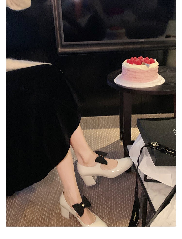 Grape Mom Studiolee ~ French Bow Round Toe High Heel Shoes Chunky Heel Chanel Style Mary Jane Leather Shoes - Image 1
