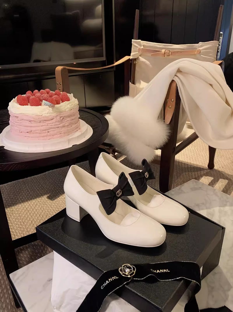 Grape Mom Studiolee ~ French Bow Round Toe High Heel Shoes Chunky Heel Chanel Style Mary Jane Leather Shoes - Image 3