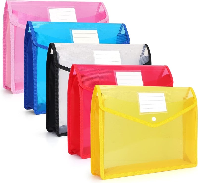 A4 Plastic File Folders, Envelope Expanding File Wallet Document Organizer With Snap Closure & Label Pocket, Waterproof File Pouch for School Office Work Home Organization (5 Pack - 5 Colors) - Image 1