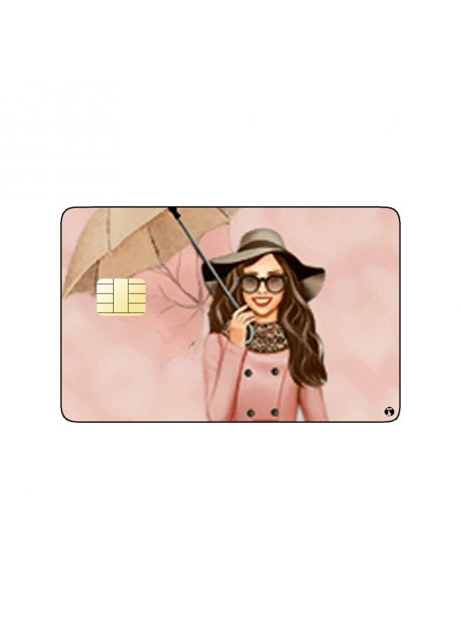 RKN PRINTED BANK CARD STICKER Stylish Woman Drawing In Pink Dress With Umbrella - Image 1