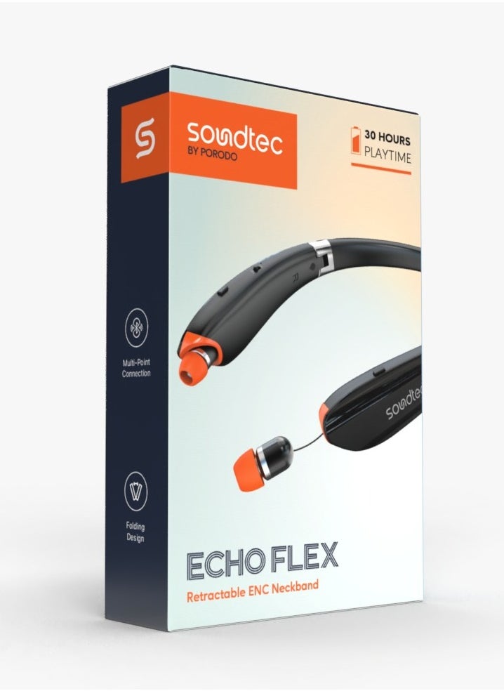 Porodo Soundtec - Echo Flex Bluetooth Neck Band with Extendable Earbuds / Crystal Clear Audio / High-Clarity Mic / Retractable ENC Neckband - Black - Image 1