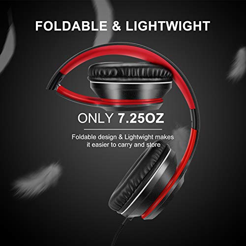 LORELEI X8 Over-Ear Wired Headphones with Microphone with 1.45m-Tangle-Free Nylon Line&3.5mm Plug,Lightweight Foldable & Portable Headphones for Smartphone,Tablet,Computer,Mp3/4(Black-red) - Image 4
