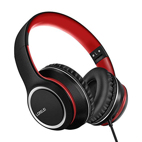 LORELEI X8 Over-Ear Wired Headphones with Microphone with 1.45m-Tangle-Free Nylon Line&3.5mm Plug,Lightweight Foldable & Portable Headphones for Smartphone,Tablet,Computer,Mp3/4(Black-red) - Image 1