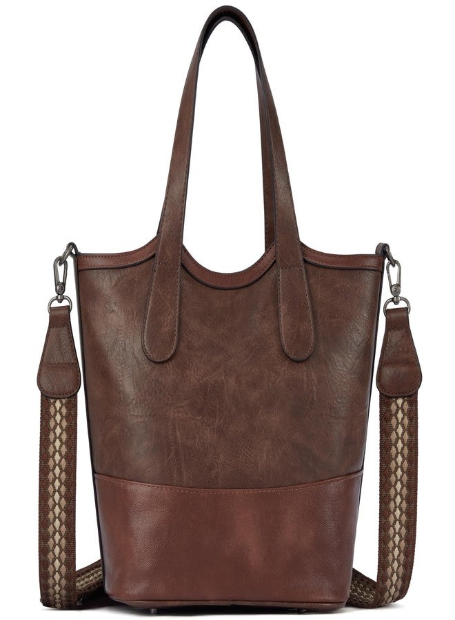 Blucoay Tote Crossbody Bags for Women,Vegan Leather Bucket Purse for Women,Top Handle Satchel Handbags with 2 Bottle Holder Pocket(darkbrown) - Image 1