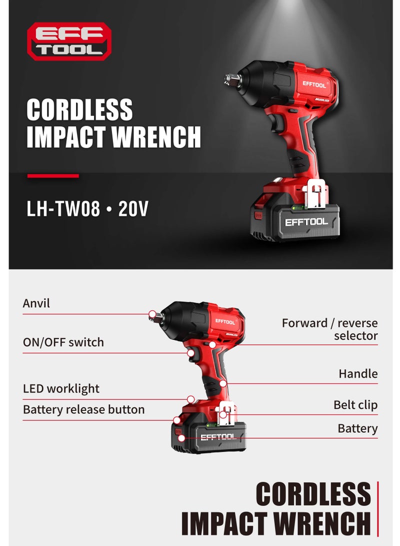 EFFTOOL مفتاح ربط لاسلكي بدون فرش، مفتاح ربط 1/2 بوصة عزم دوران أقصى 900Nm، 3200RPM مع بطاريتين، مفتاح ربط بقوة عزم دوران عالية للسيارة والمنزل - Image 2