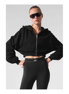 alo short zipper women's hoodie, spring and autumn high-waisted slimming sports jacket with cap