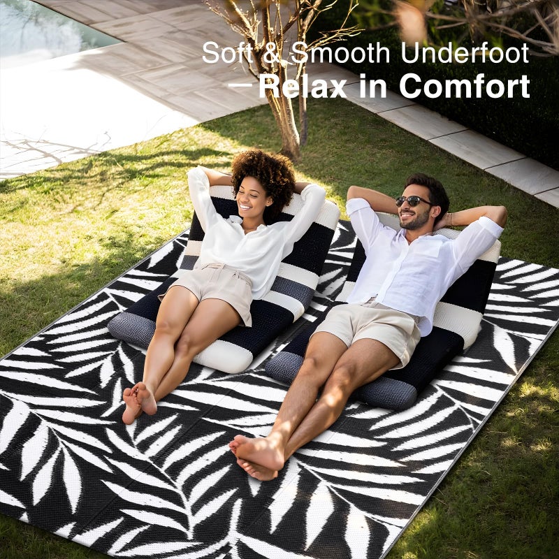 OLANLY Waterproof Outdoor Rug 5x8 ft, Reversible Outdoor Plastic Straw Rug with Leaf Pattern, RV Mat, Indoor Outdoor Carpet for Patio, Camping, Balcony, Deck, Backyard, Black & White - Image 5
