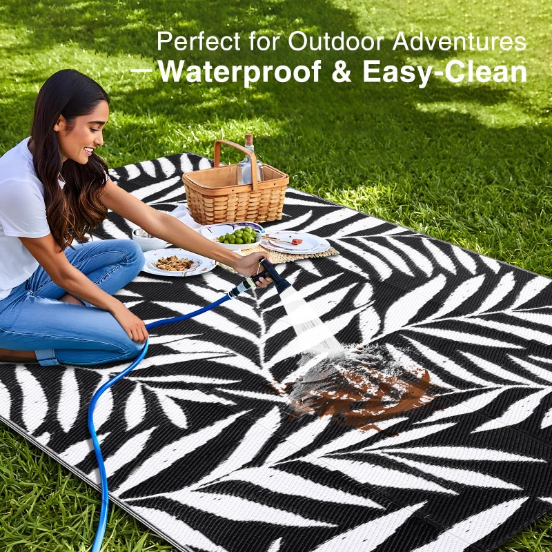OLANLY Waterproof Outdoor Rug 5x8 ft, Reversible Outdoor Plastic Straw Rug with Leaf Pattern, RV Mat, Indoor Outdoor Carpet for Patio, Camping, Balcony, Deck, Backyard, Black & White - Image 3