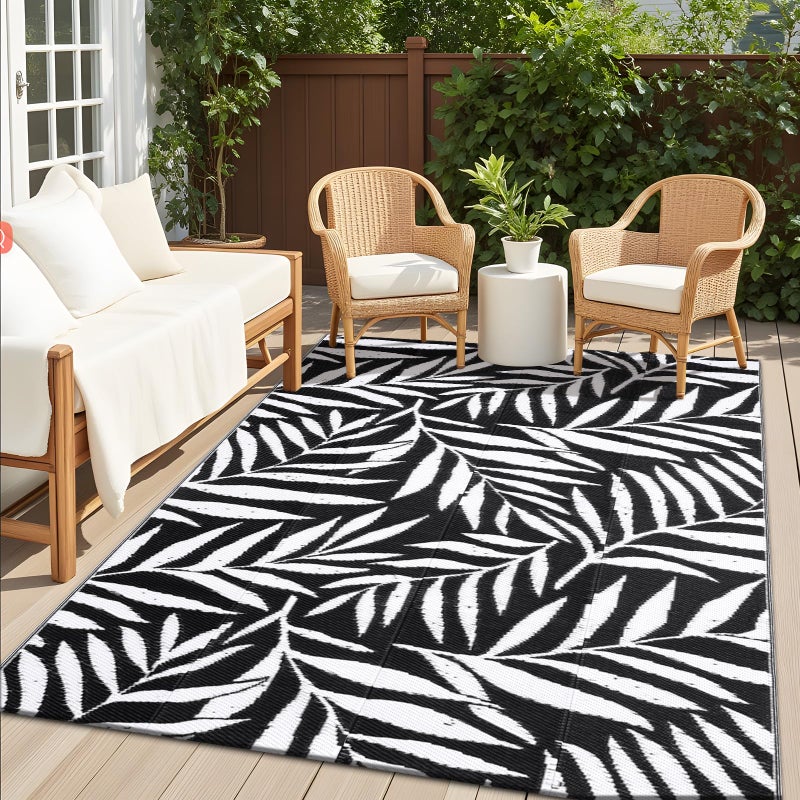 OLANLY Waterproof Outdoor Rug 5x8 ft, Reversible Outdoor Plastic Straw Rug with Leaf Pattern, RV Mat, Indoor Outdoor Carpet for Patio, Camping, Balcony, Deck, Backyard, Black & White - Image 1